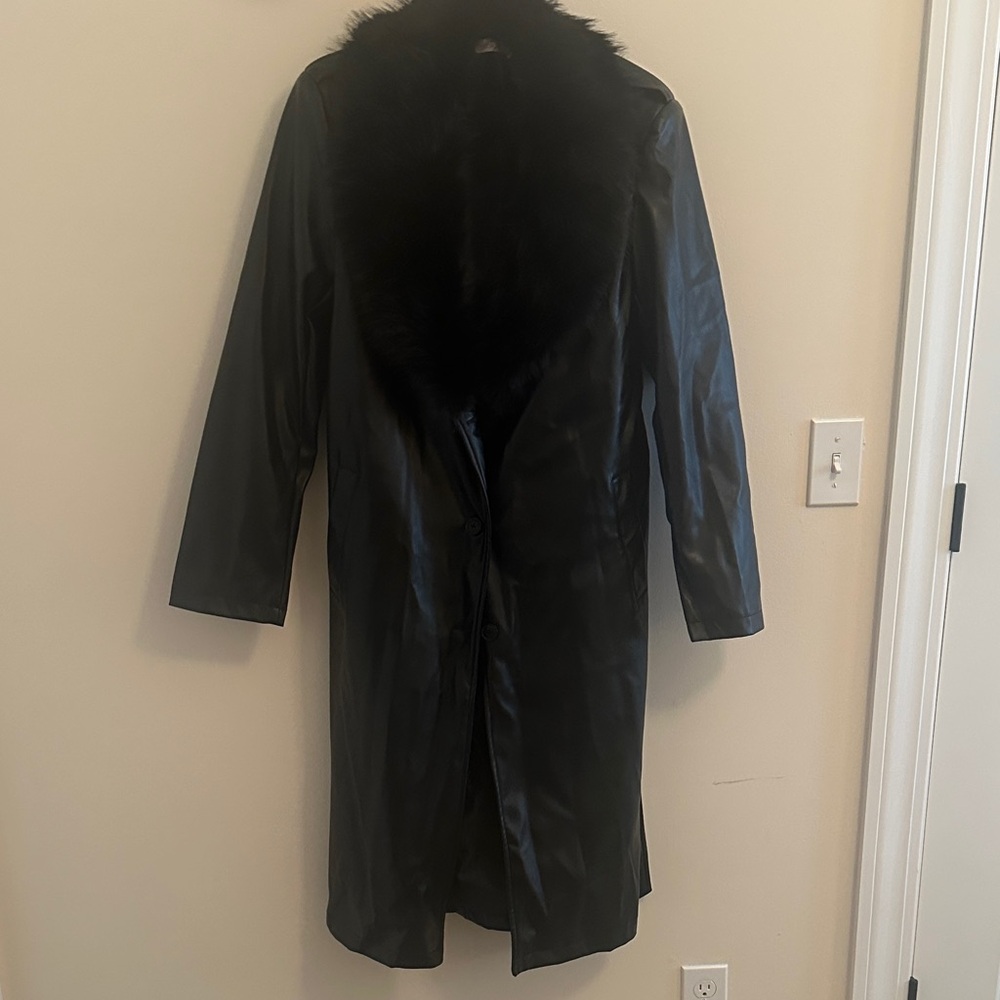 Black Faux leather trench with removable faux fur collar